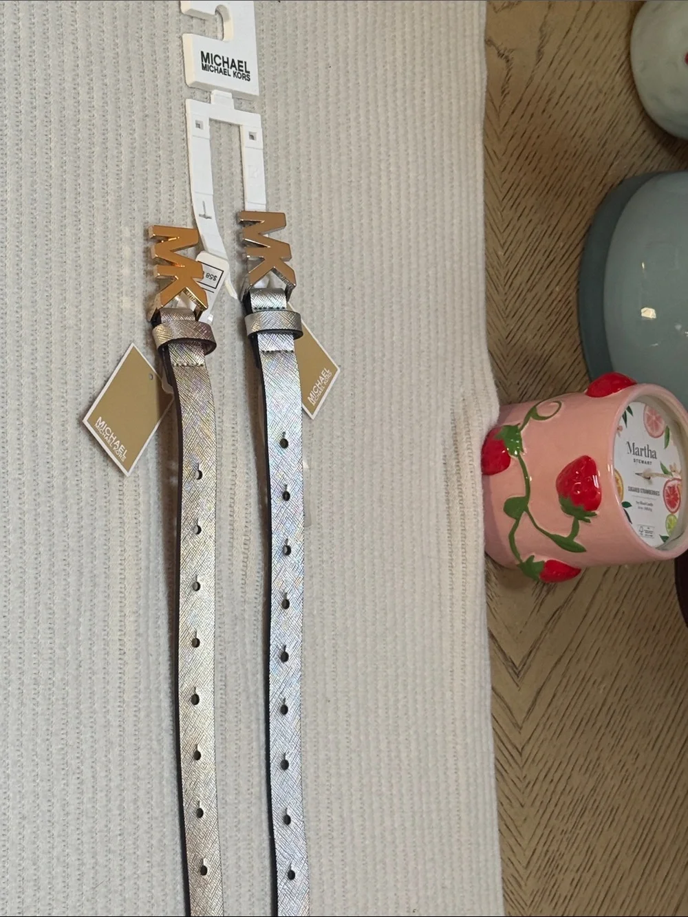Michael Kors Metallic   Gold and  Silver MK Logo Skinny Belt